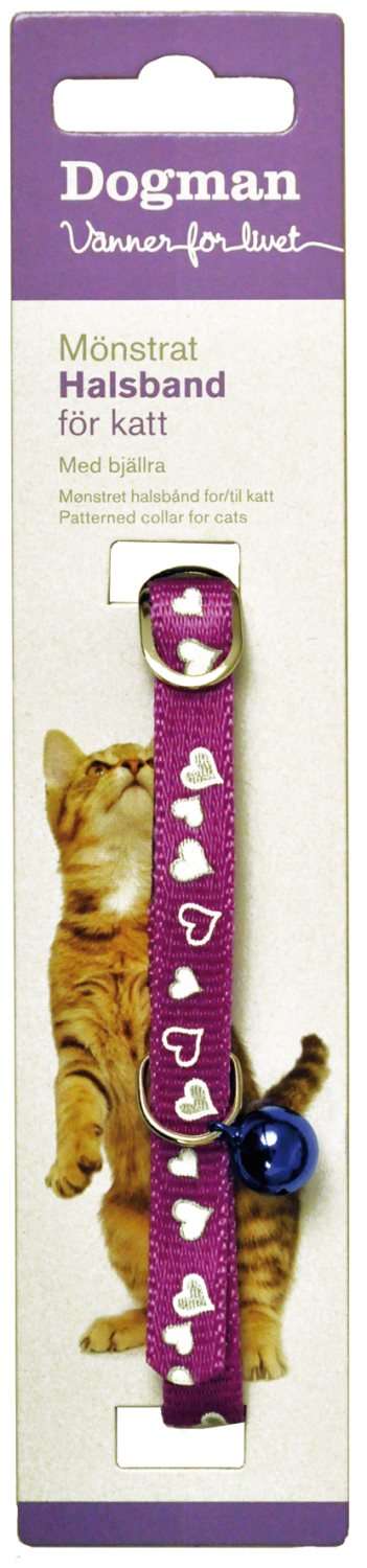 Halsbånd katt hjertemønstret med bjelle assortert